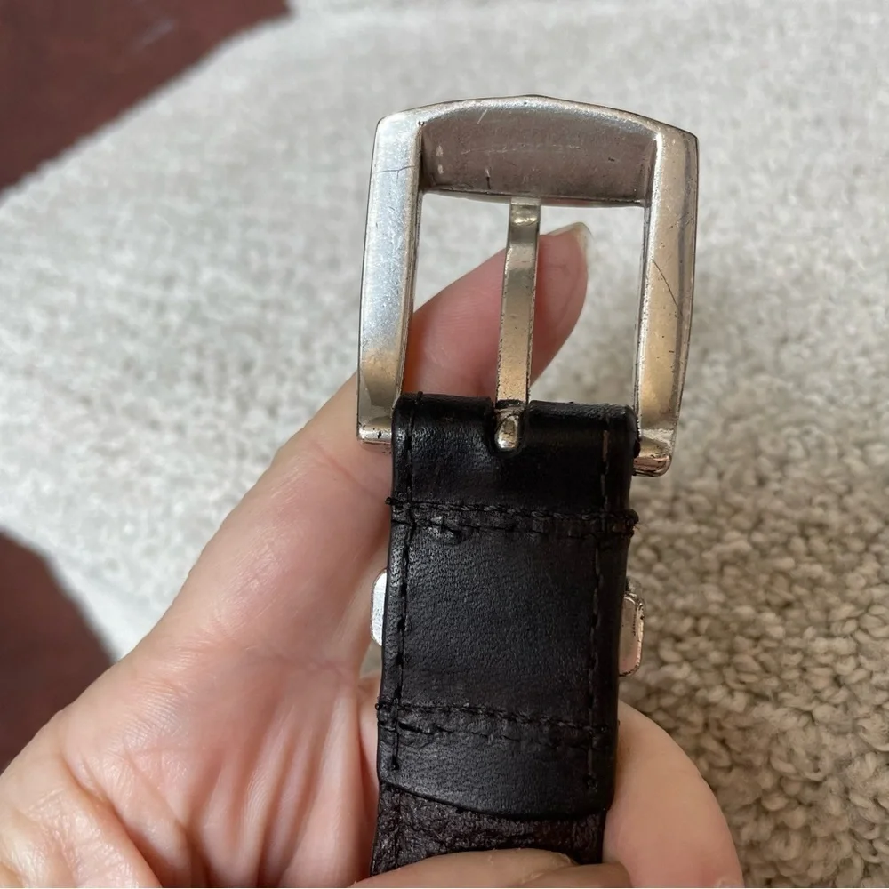 Vintage Cowhide String Design Silvertone Hardware Dark Brown Leather Belt Casual